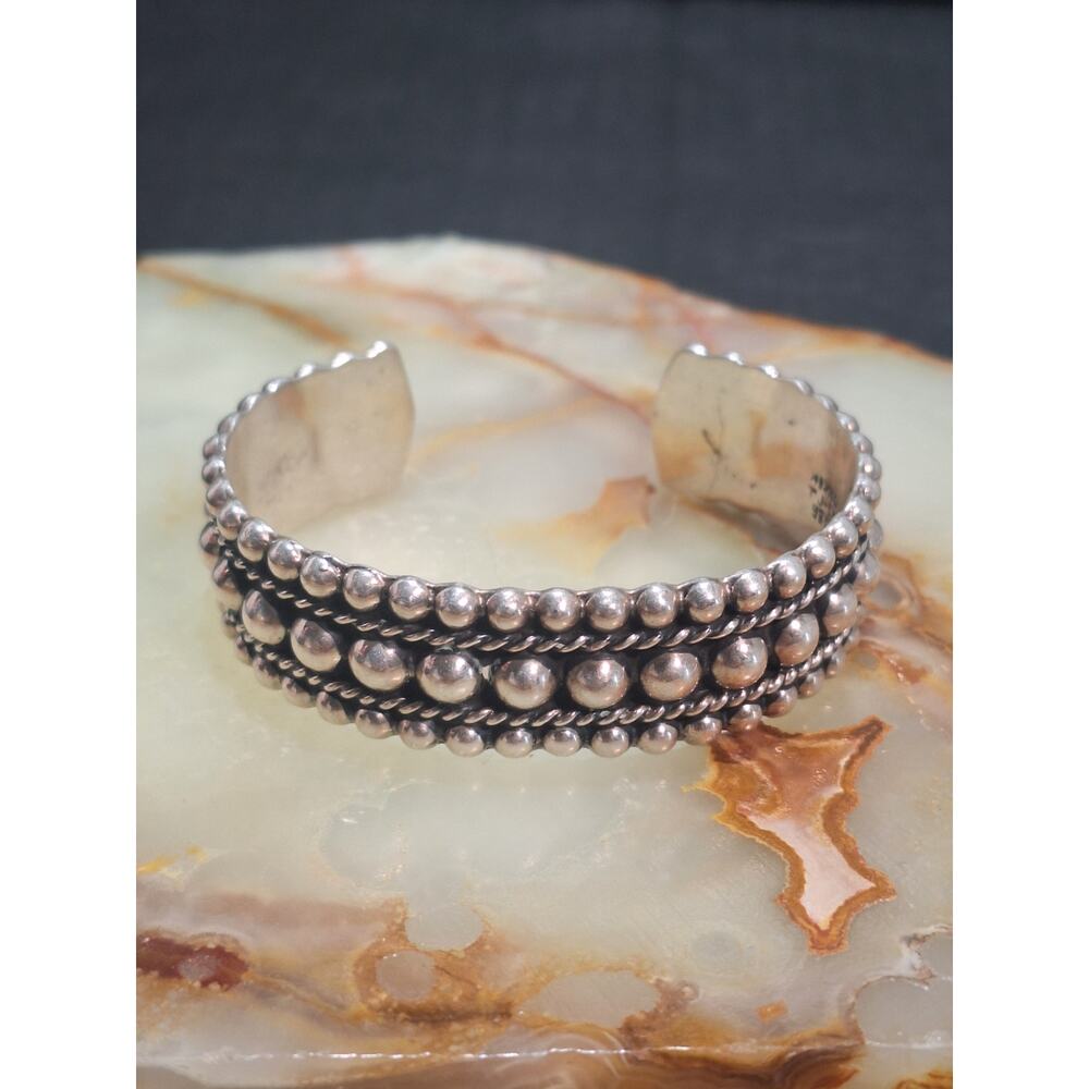 Vintage Mexico 925 Sterling Silver TJ-65 Beaded Granulated Cuff Bracelet- NM